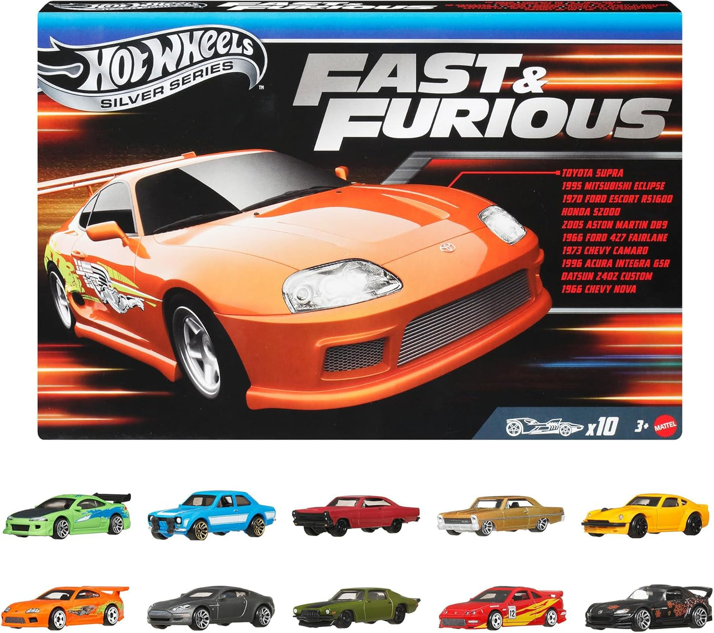 Hot Wheels Fast & Furious Silver Series 10 Car Set Die-cast Collection