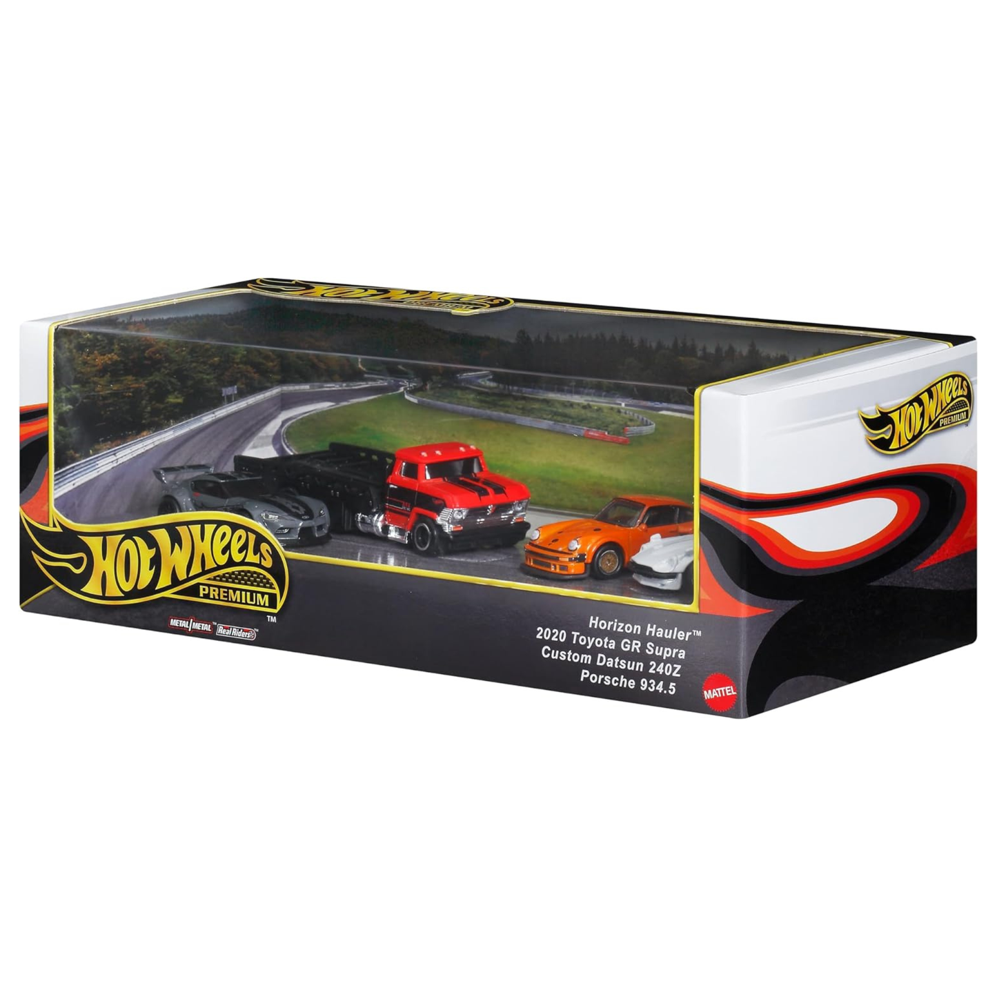 Hot Wheels Premium Horizon Hauler Team Transporter Toyota GR Supra, Datsun 240Z, Porsche 934.5