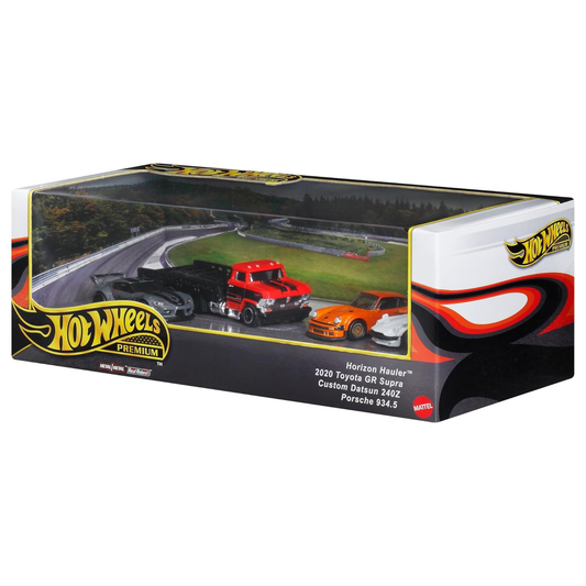 Hot Wheels Premium Horizon Hauler Team Transporter Toyota GR Supra, Datsun 240Z, Porsche 934.5